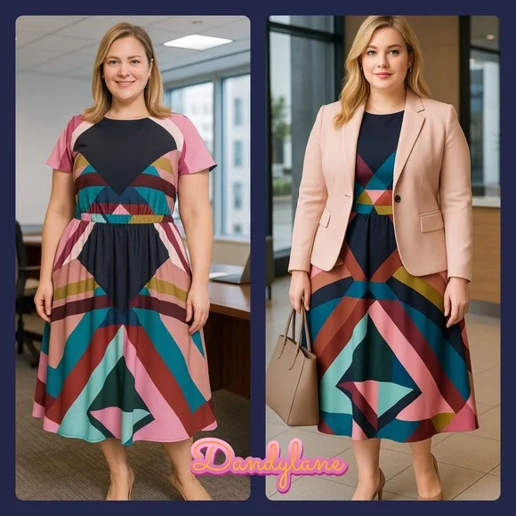 Eloquii Multi Color Geometric MIDI Dress Size 14 - Picture 1 of 11